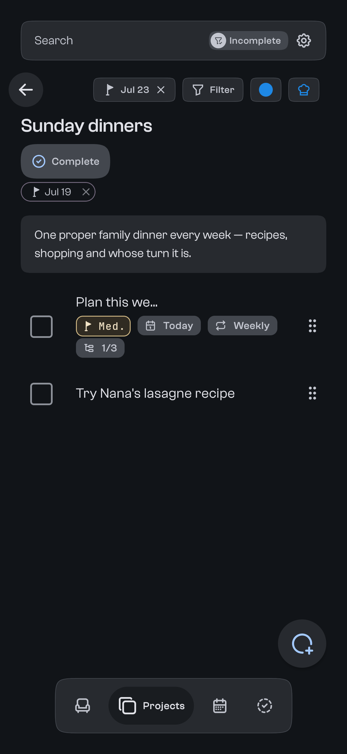 Priority and due-date chips on a goodTodo task