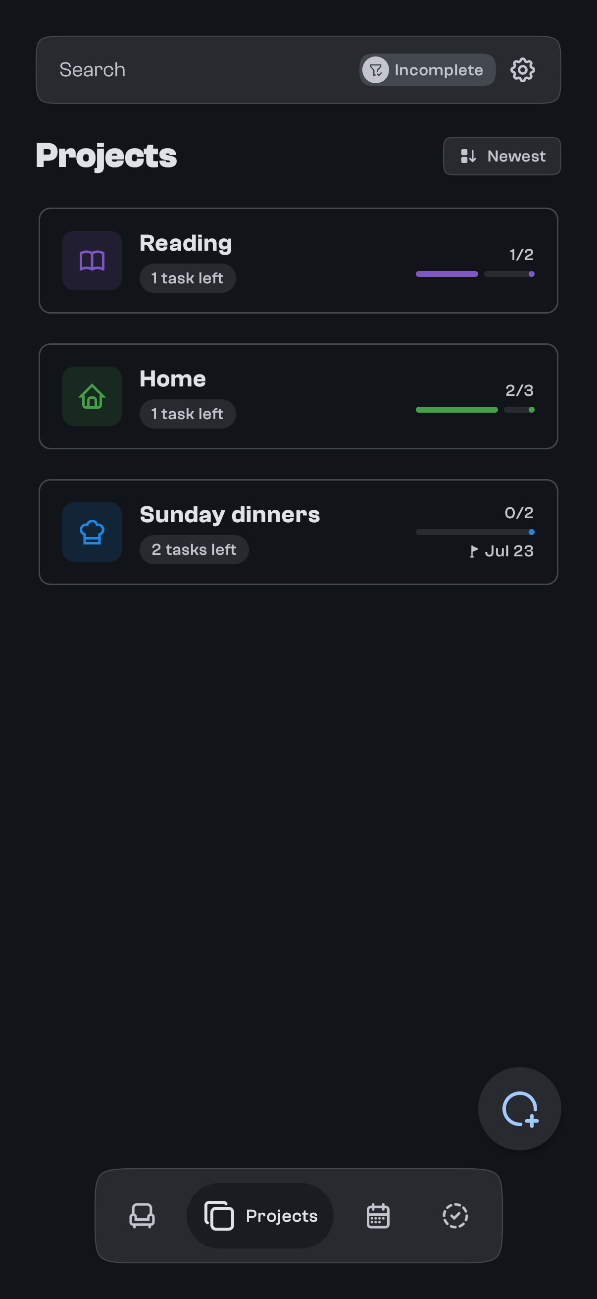 Projects in goodTodo on mobile