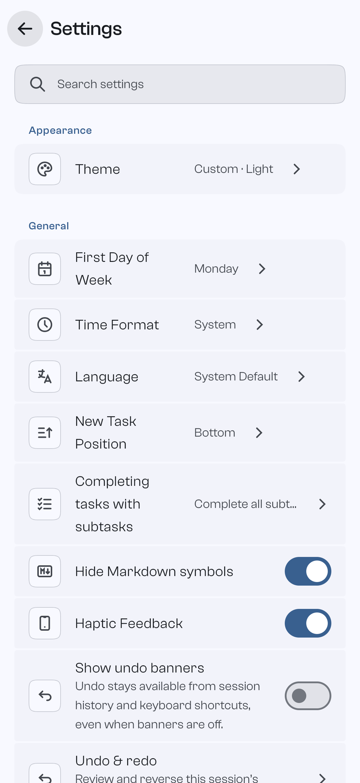 Settings & theming in goodTodo on mobile