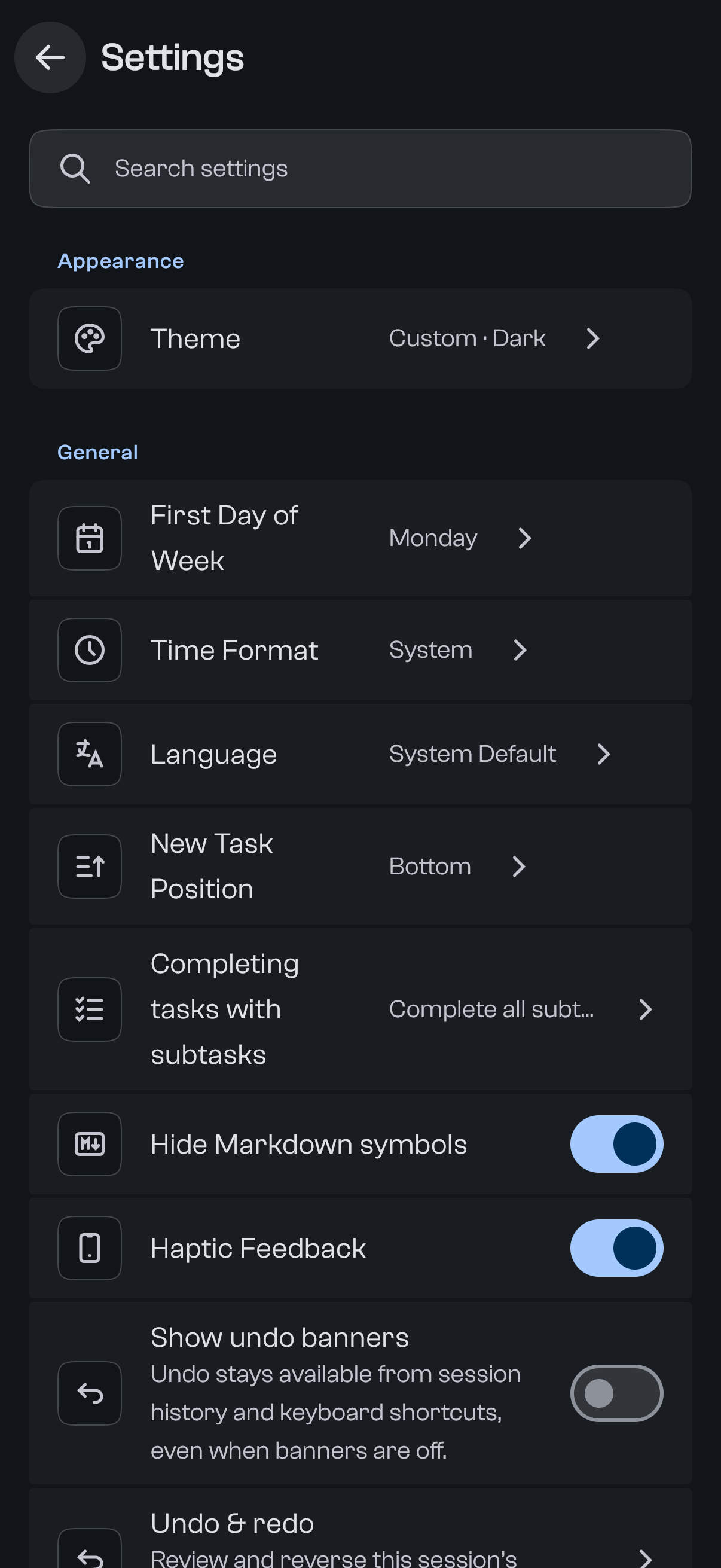 Settings & theming in goodTodo on mobile
