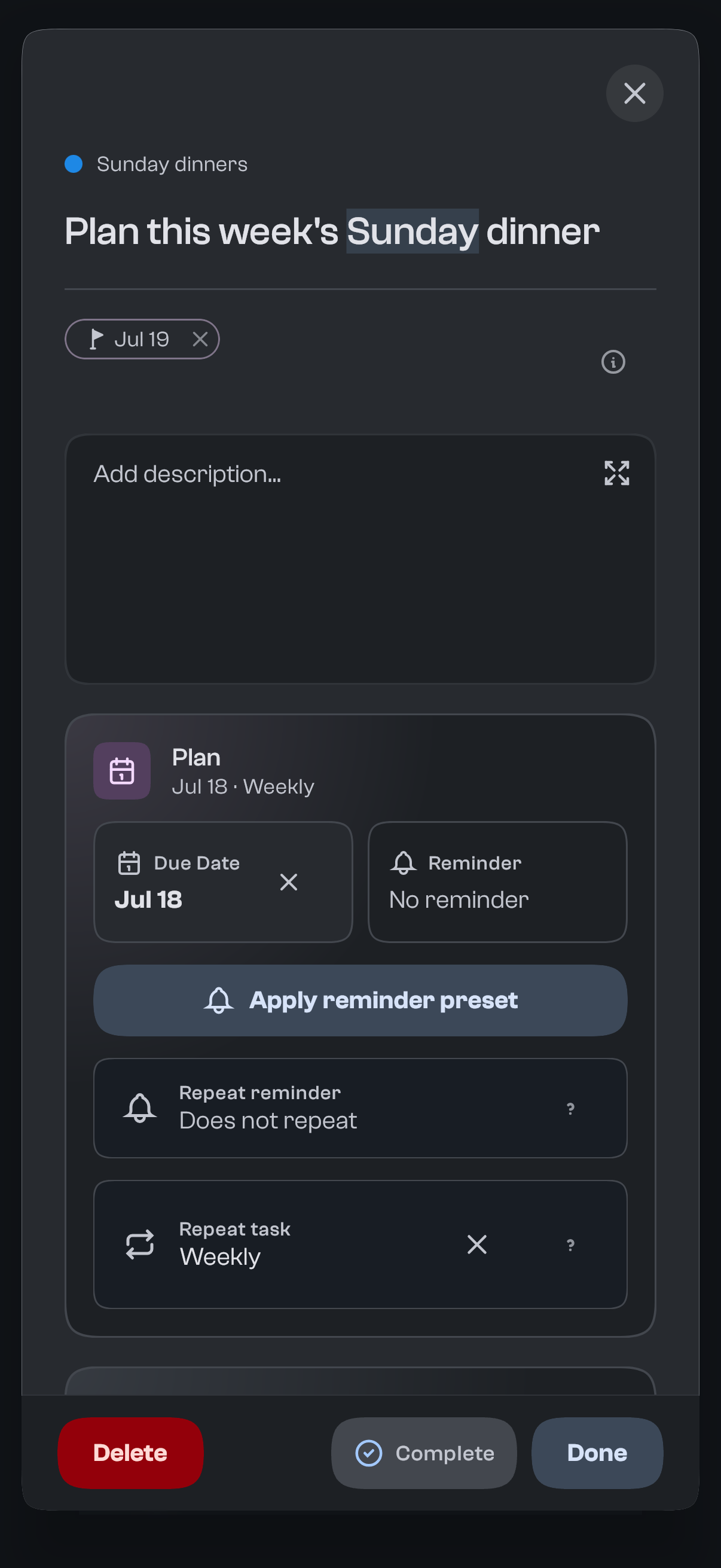 Setting a task to repeat weekly in the goodTodo task editor